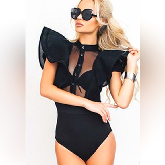 Windsor Tops - NWOT Windsor Ruffle Mesh Bodysuit Sz S